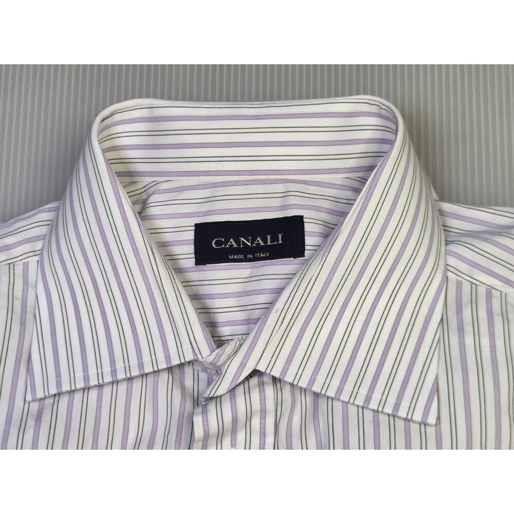 Men's Canali Dress Shirt Button Down Made In Italy Size L / 43/17 Purple Stripe